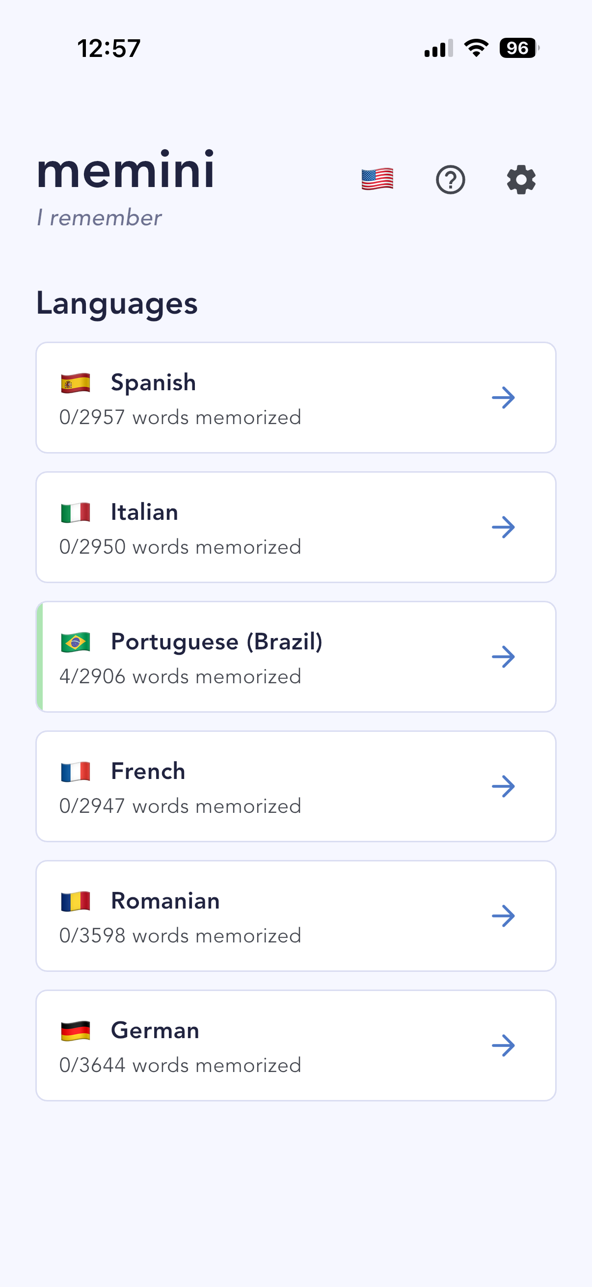 Memini language selection screen
